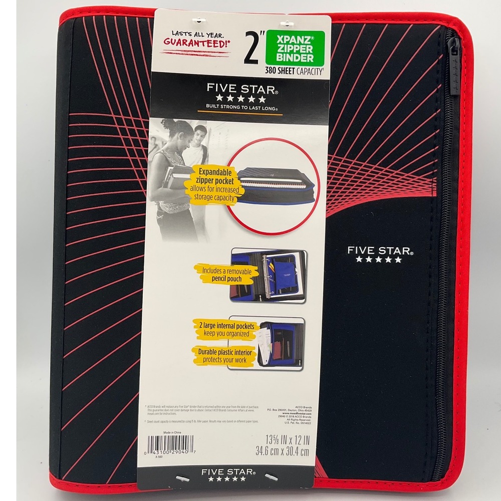 Five Star Xpanz 2 Inch Zipper Binder 380 Sheet Capacity Black Red New